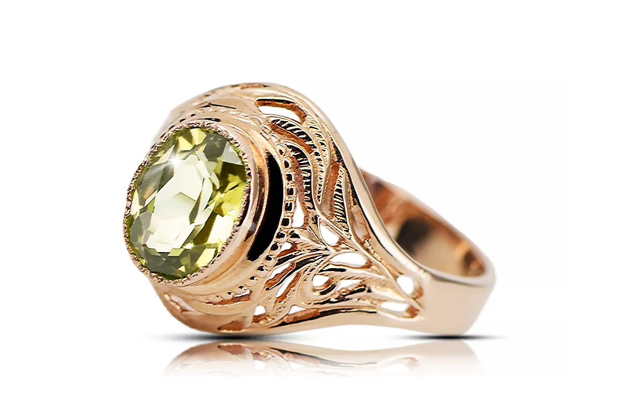 Pierścionek z różowego 14k złota z Żółtym perydotem vrc012r-yp Vintage unikatowe Art Deco Sowiecki ZSRR styl biżuterii